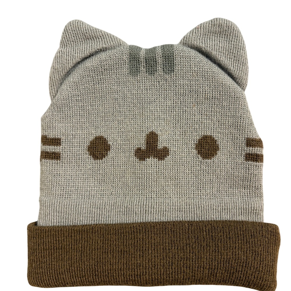 Pusheen the Cat Grey Knit Beanie Hat with Ears and Brown Cuff One Size RN77272